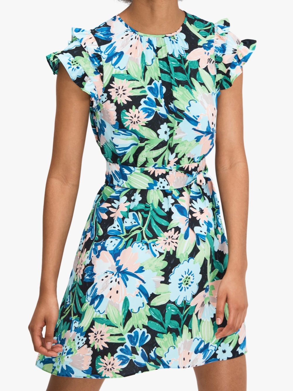 Kate Spade Full Bloom Belted Dress Ruffle Sleeves Floral Green Blue Size 10